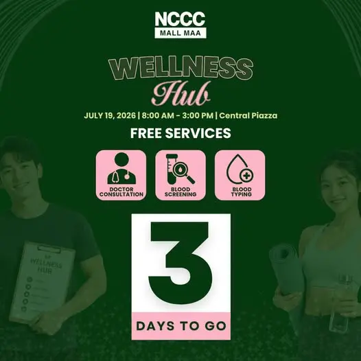 "Promotional poster for the Wellness Hub event at NCCC Mall Maa, scheduled on July 19, 2026, from 8:00 AM to 3:00 PM at Central Piazza. The poster highlights free services including doctor consultation, blood screening, and blood typing. Text reads '3 DAYS TO GO.' The design features a dark green background with pink accents and two individuals—one holding a clipboard, the other holding a yoga mat—emphasizing a health and wellness theme.