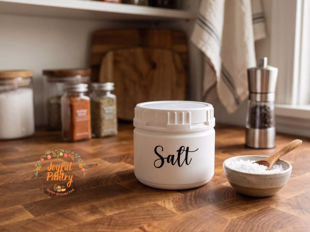 A white canister with a label named salt for easy kitchen organizing.