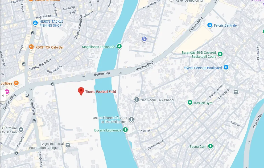 Map showing Tionko Soccer Field location along Davao River, Davao City