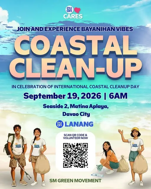 SM Cares coastal cleanup poster featuring illustrated volunteers, September 19, 2026, at 6 AM in Seaside 2, Matina Aplaya, Davao City.